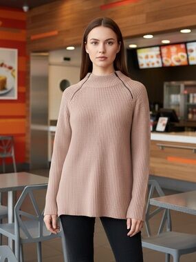 Banana Republic Sweater: Normcore Ribbed Mock Neck Sweater - Beige